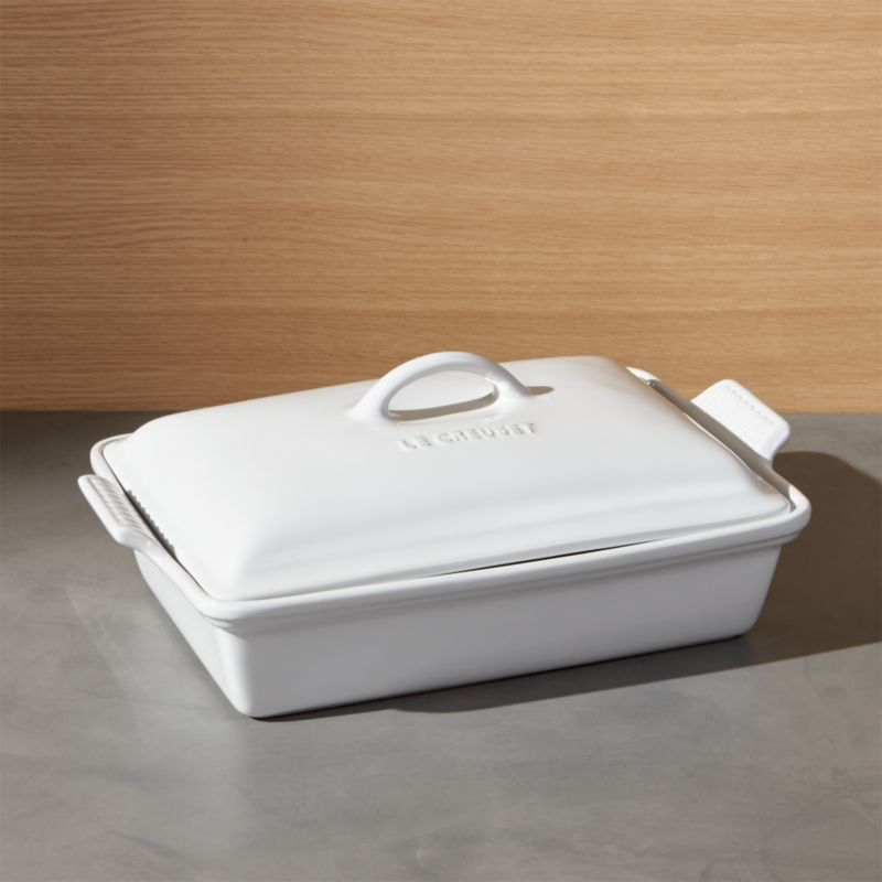 Le Creuset Heritage Rectangular White Stoneware Ceramic Baking Dish with Lid + Reviews | Crate & ... | Crate & Barrel