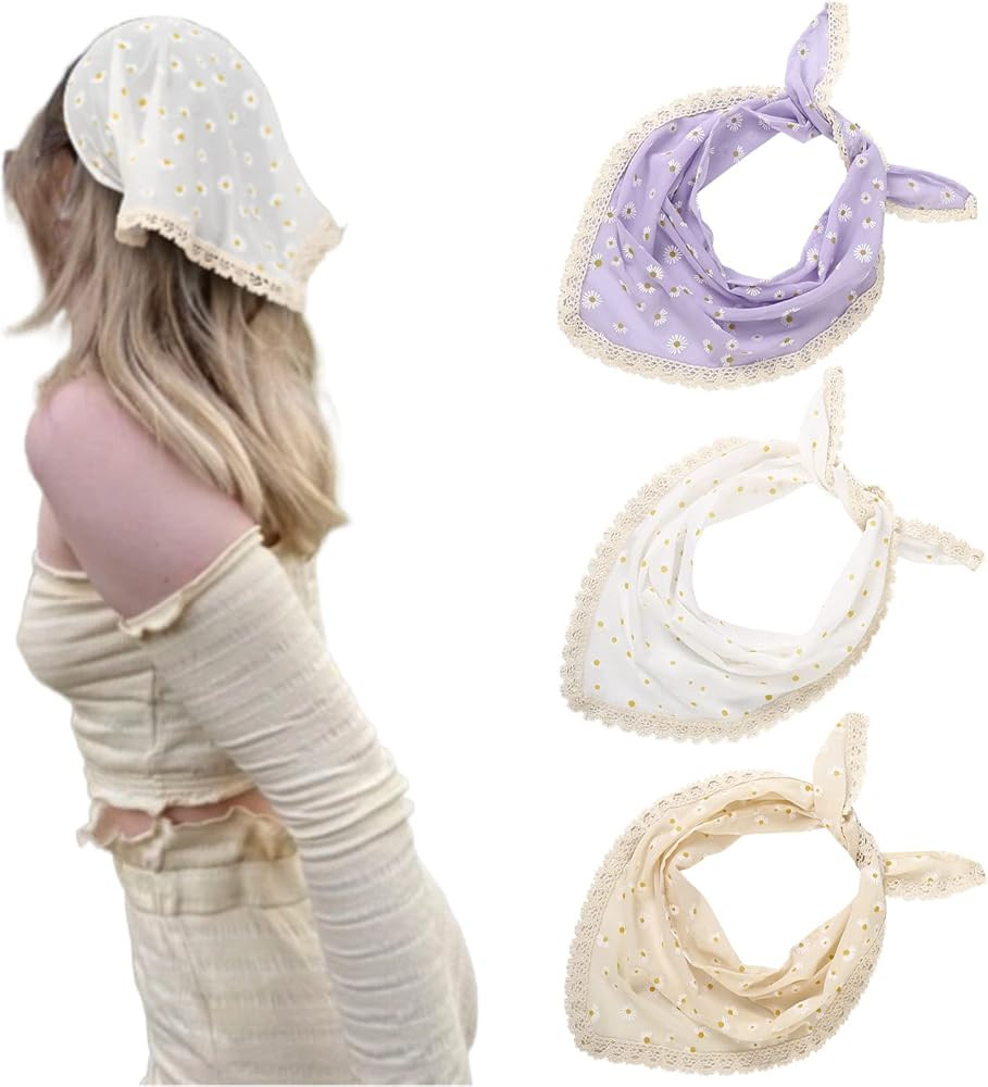 3 PCS Floral Hair bandanas Head Kerchief - Women Bandana Print Chiffon Hair Scarf Triangle Hair K... | Amazon (US)