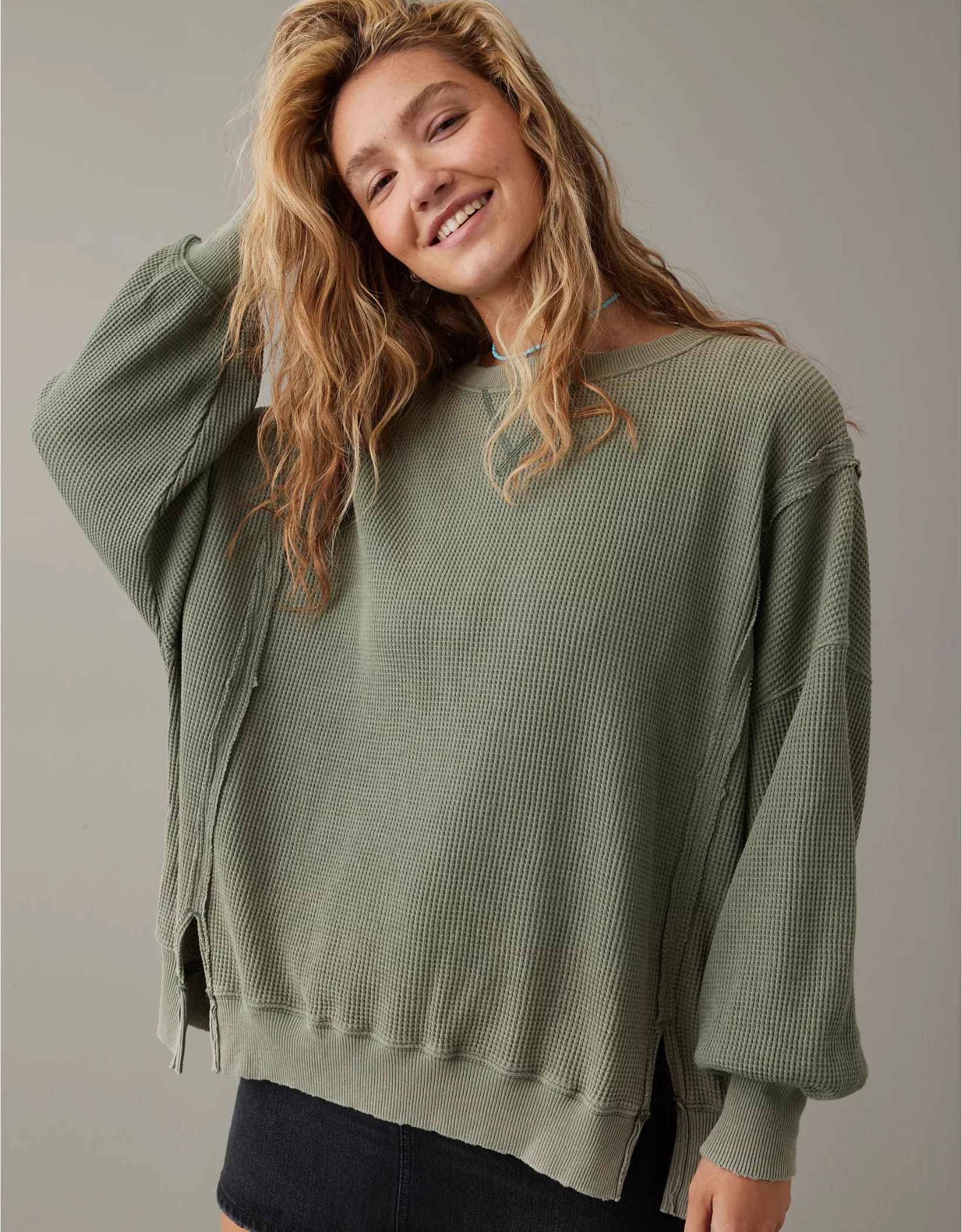 AE Oversized Big Hug Waffle Sweatshirt | American Eagle Outfitters (US & CA)