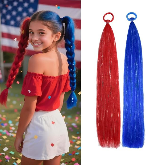Red/Blue Ponytail Extensions, Girls Hair Accessories Tinsel Extensions With Rubber Band Braiding ... | Amazon (US)