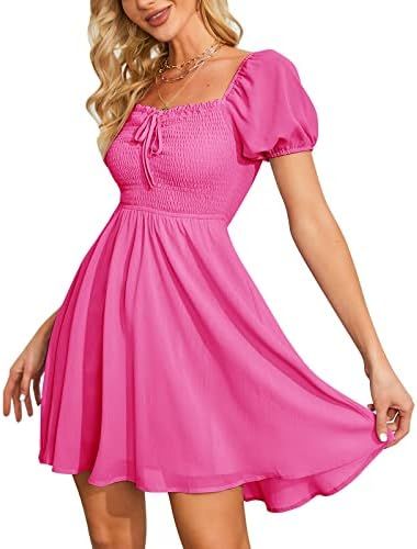 Byinns Women's Sweetheart Neckline Dress Smocked Sundress Puff Short Sleeve Drawstring Dresses | Amazon (US)
