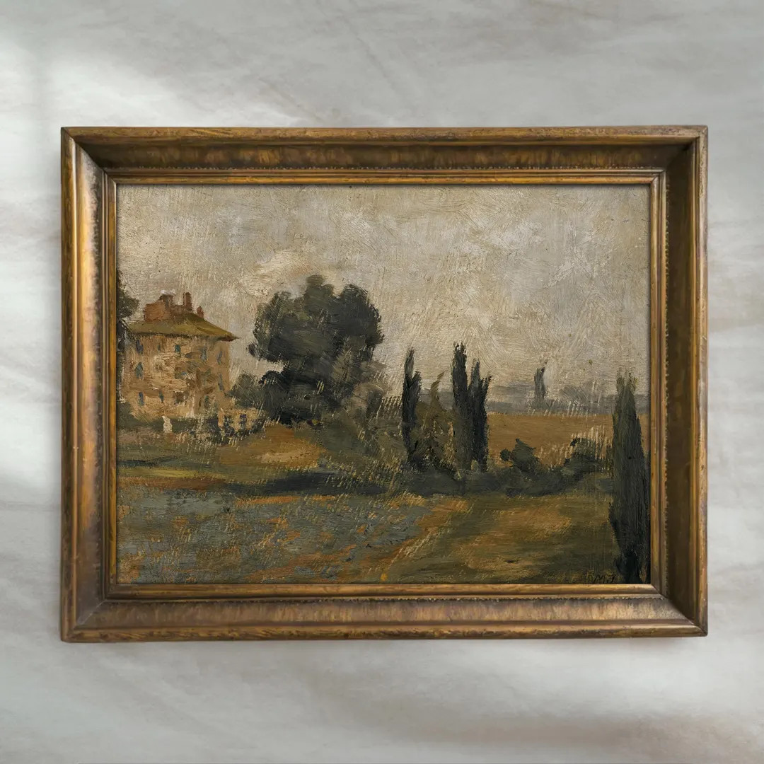 Vintage Countryside Landscape Oil Painting | Antique French Artwork | Moody Rustic Farmhouse Deco... | Etsy (US)