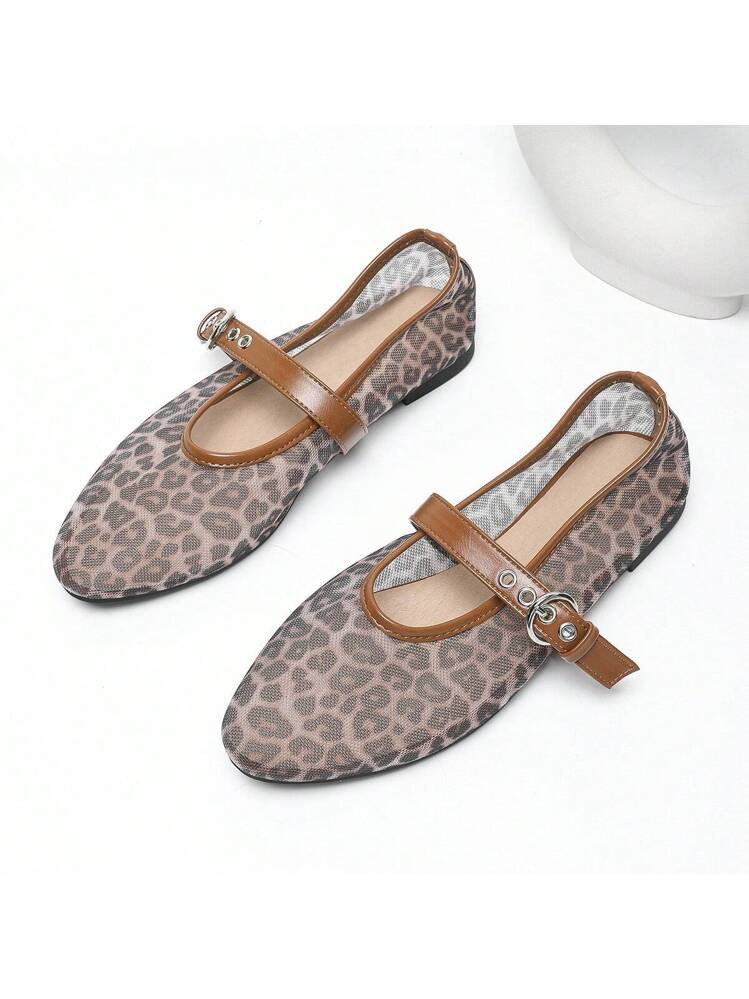 Fashionable Leopard Print Mesh Snap Button Flat Shoes | SHEIN