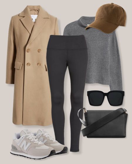 Neutral athleisure outfit
Neutral outfit
Neutral casual outfit
Casual winter outfit
Errands outfit
Winter weekend outfit
Camel coat
Black leggings
Gray sweater
Brown baseball cap
Black sunglasses
Black oversized sunglasses
Black crossbody bag
New Balance 574 sneakers

#LTKstyletip #LTKSeasonal #LTKfitness