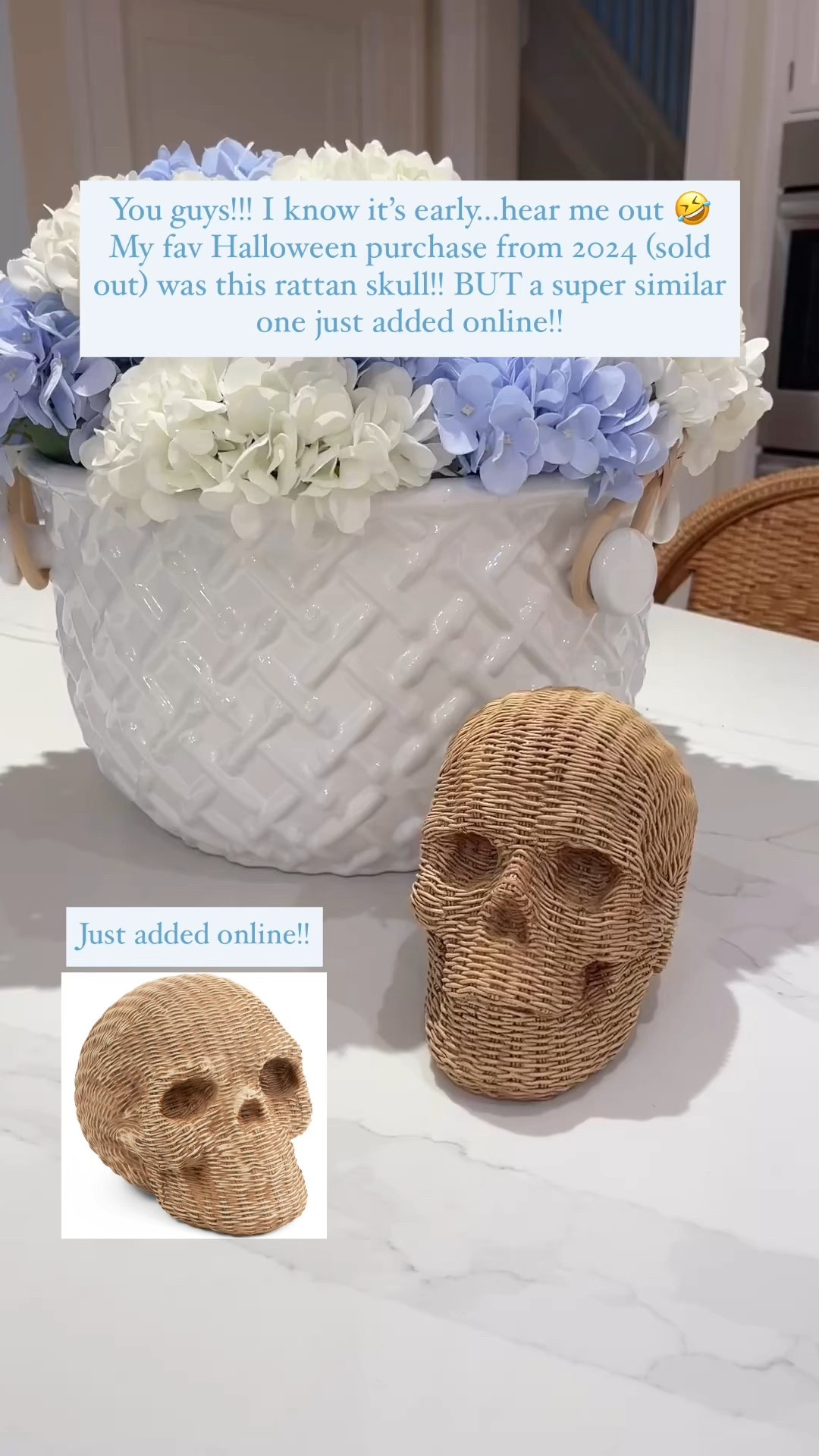 High sellout risk!!! 💀 This beautiful rattan skull I shared last year was my fav Halloween decor purchase!! So good, it sold out super fast, BUT this super similar one (if not exact) was just added online!!

It’s the perfect for a coastal Halloween 🤣🌊 will go fast I’m sure!