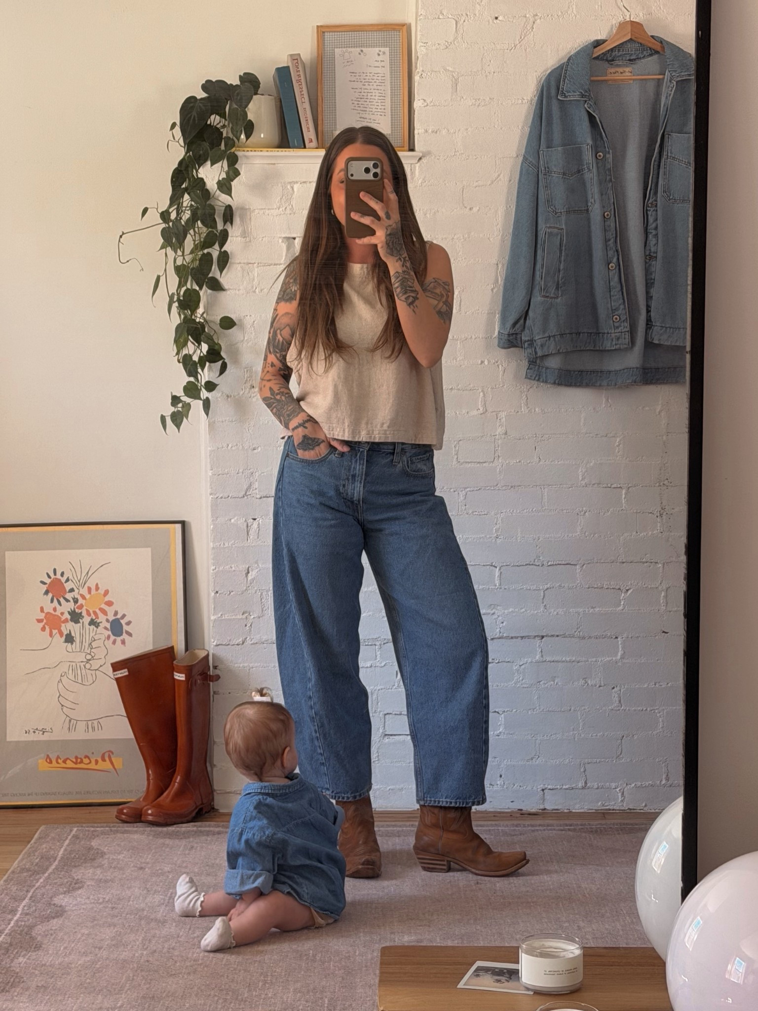 jeans and boots linked! wearing a size 28 SHORT in the jeans — i usually get a regular but i like the way a short falls at my ankles in barrel jeans! — top is unfortunately thrifted but i linked some similar! — sunny’s fit is thrifted 

#LTKgrwm #LTKmomlife #LTKootd
