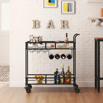 2 Tier Rolling Wine Bar Cart for Home, Small Alcohol Liquor Cart with Mirrored Shelves, Wine Racks & Glass Holder, Compact for Dining Room Living Room | Wayfair North America