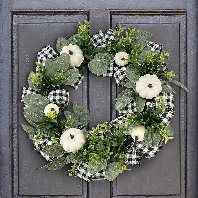 Fall Decor for Home - Fall Wreaths for Front Door - 20 inch White Buffalo Check Autumn Pumpkin Wr... | Amazon (US)