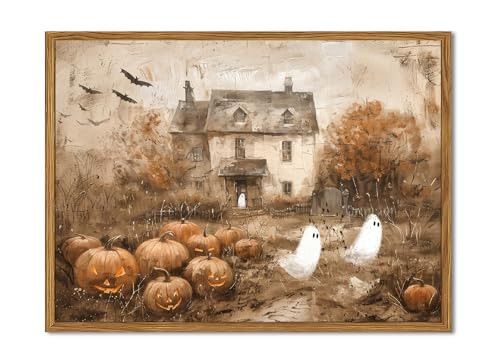 Framed Vintage Halloween Ghost Canvas Wall Art, Cute Ghost Pumpkin Wall Decor Paintings, Gothic Dark Academia Pictures Prints, Spooky Fall Haunted House Home Decor for Living Room Bedroom 12x16 inch | Amazon (US)