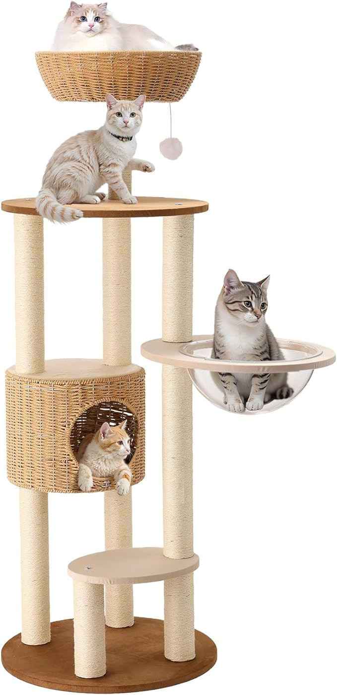 Rattan Heavy Duty Cat Tree with Scratching Post,Capsule,Basket,and Bed Modern Tall Cat Climbing T... | Amazon (US)