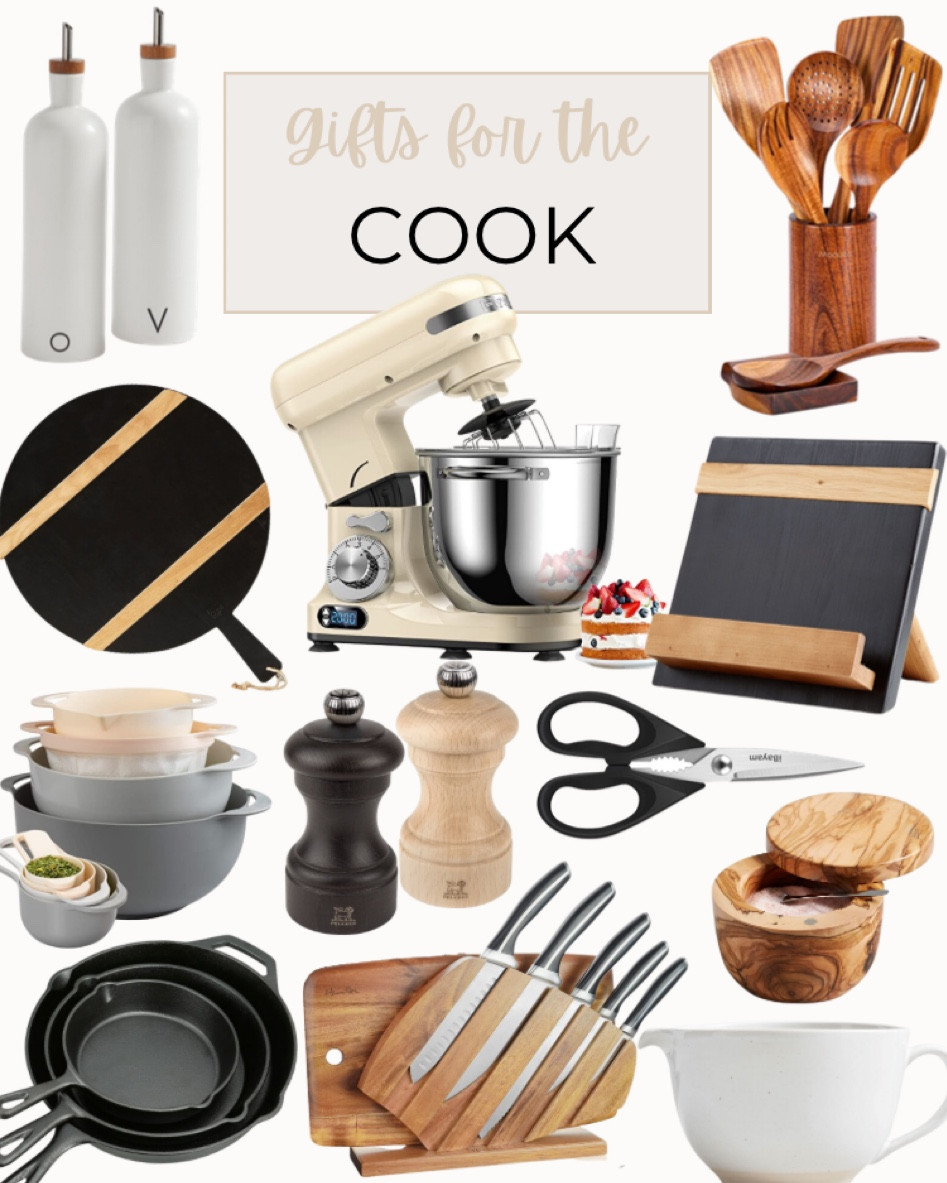 Gifts for the cook in your life include charcuterie board, olive oil and vinegar bottles, wooden spoon set, electric mixer, cook book stand, kitchen scissors, olive wood salt dispenser, salt and pepper grinders, mixing bowl set, knife set and cast iron skillet set.

Gift ideas, gift guide, gifts for the host, gifts for the cook, gifts for her, gifts for him

#LTKhome #LTKunder50 #LTKGiftGuide