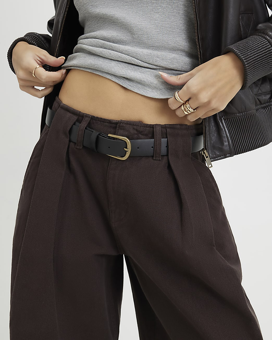 Brown Belted Pleated Wide Leg Jeans | River Island UK & IE