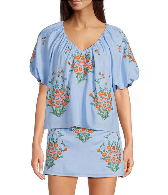 Coordinating Astrid V-Neck Puff Sleeve Embroidered Top | Dillard's