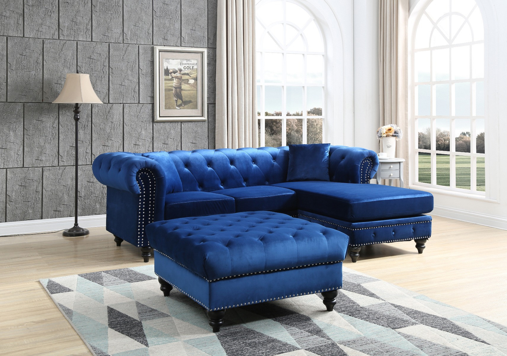 Glory Furniture Nola Sofa Chaise, Navy Blue | 1stopbedrooms