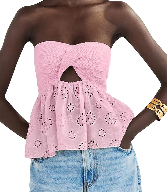 MISSACTIVER Women Twist Knot Knit Bandeau Tube Top Embroidery Strapless Off Shoulder Backless Hol... | Amazon (US)