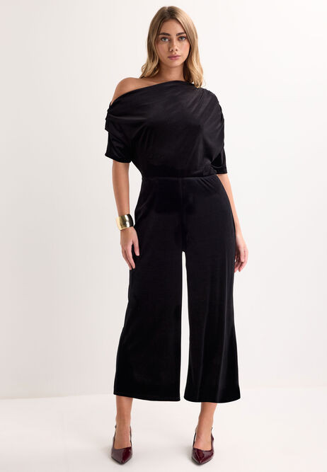 Womens Black Velvet Off Shoulder Jumpsuit | Peacocks
