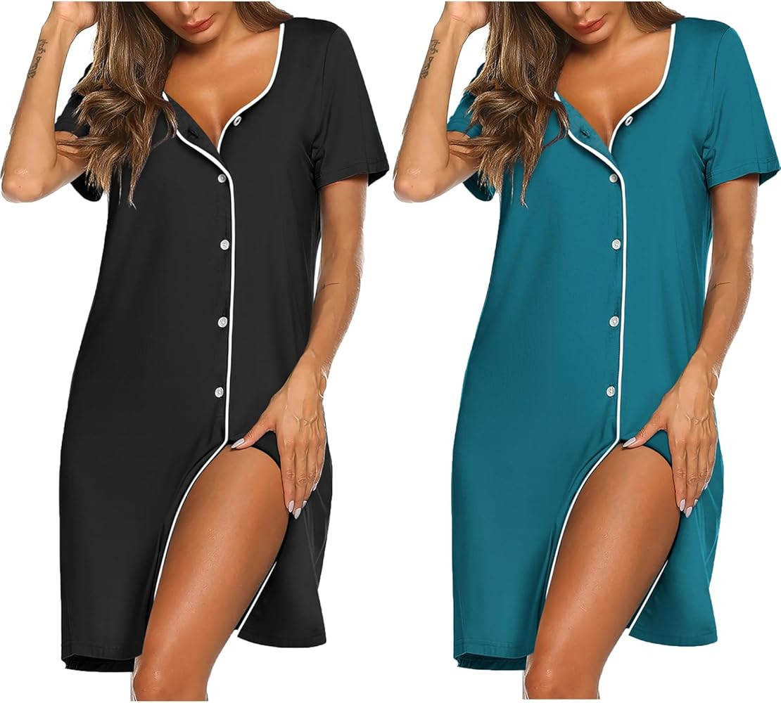 Ekouaer Nightgowns for Women 2 Pack Button Down Sleepshirt Short Sleeve Nightshirt Soft Sleepwear... | Amazon (US)