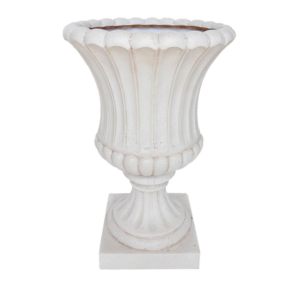 23 in. H Aged White Cast Stone Fluted Urn | The Home Depot
