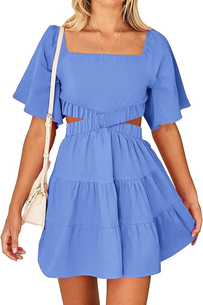 BTFBM Women Summer Dresses 2023 Square Neck Short Sleeve Cutout Crossover Waist Casual Party Tier... | Amazon (US)