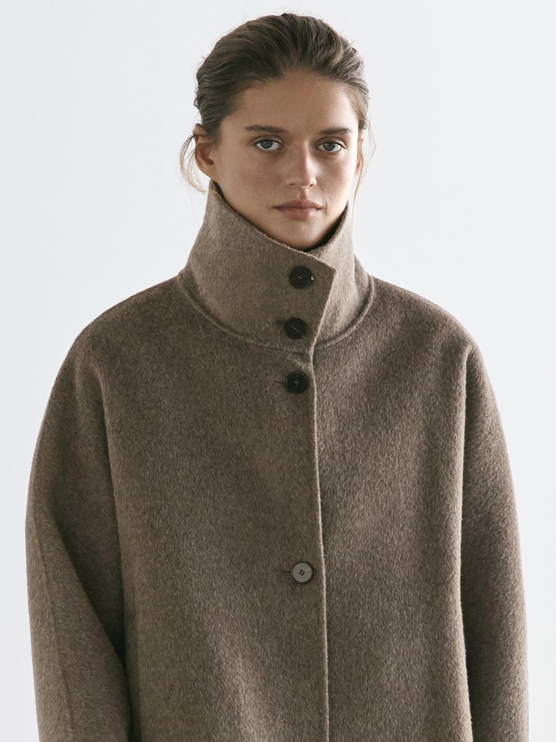 Mid-length wool blend coat with high neck | Massimo Dutti UK