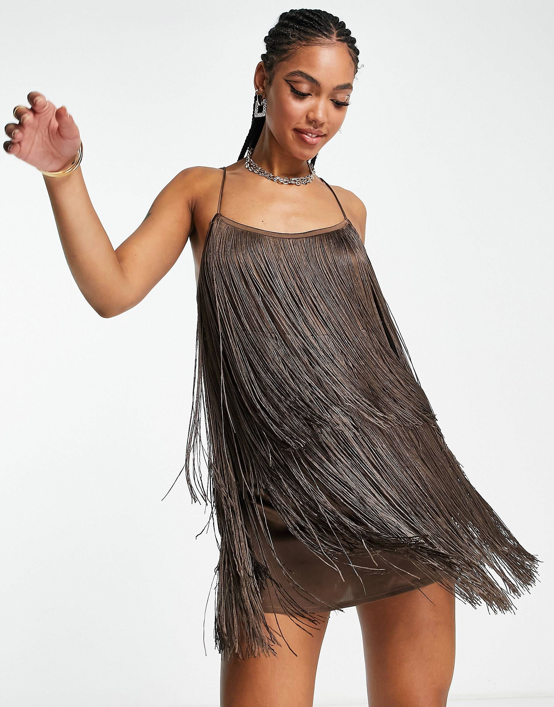 ASOS DESIGN fringed mini dress in chocolate | ASOS (Global)