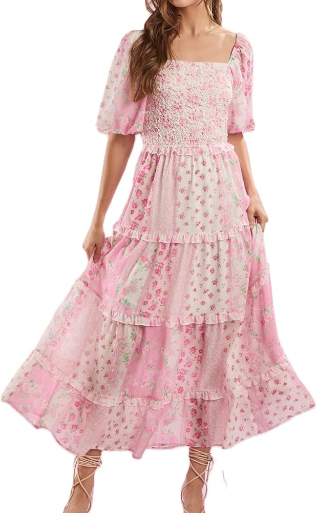 Woman Floral Puff Sleeve Maxi Dress Square Neck Ruffle Flowy Long Dresses Bohemian Tiered Summer ... | Amazon (US)