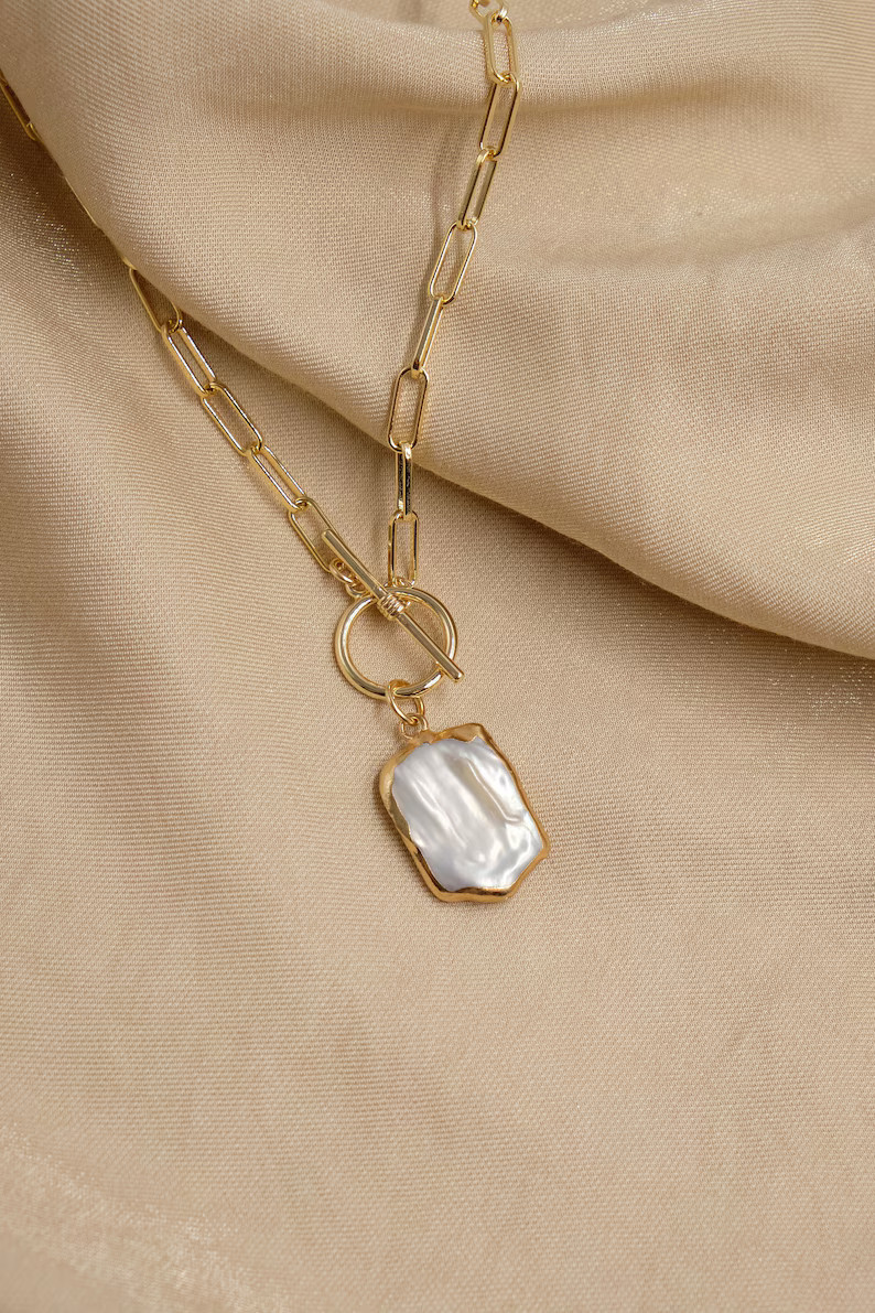 Freshwater Pearl Square necklace, Gold Pearl Necklace, 18K Gold filled necklace, Toggle necklace,... | Etsy (US)