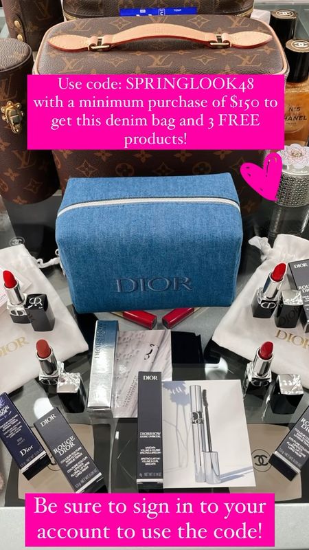 The FREE Dior denim bag is back!! Take advantage with this coupon code!!! I don’t think it will last past today! Use code: SPRINGLOOK48 at checkout when you spend $150!!! You will also get 3 FREE products with this code!  

#LTKitbag #LTKbeauty #LTKSeasonal