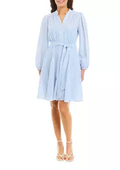 Taylor Women's Long Sleeve V-Neck Striped Tie Waist Fit and Flare Dress | Belk