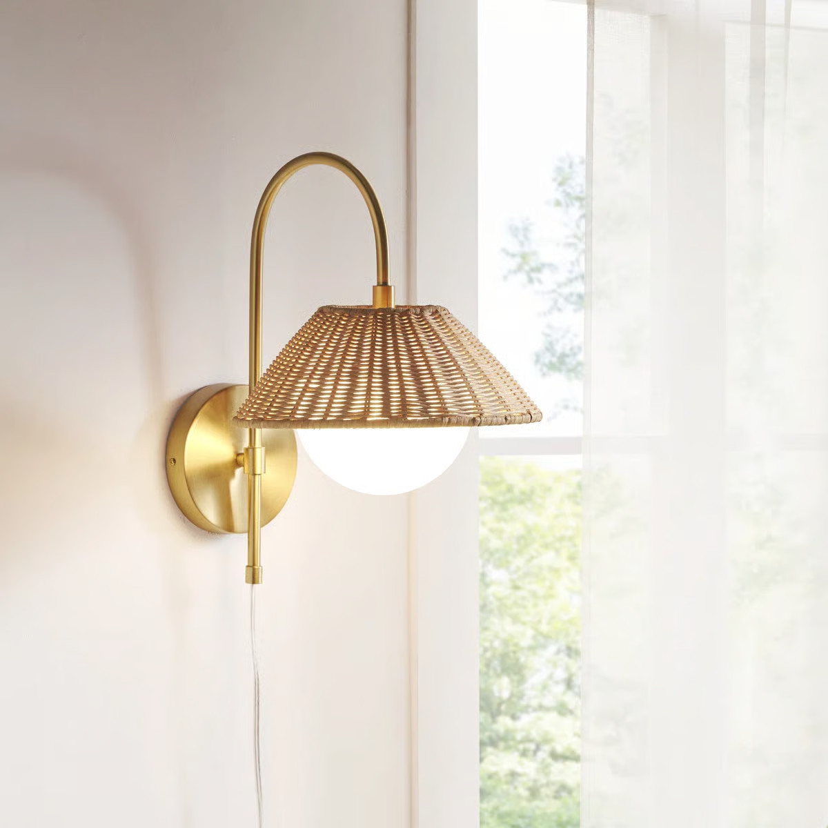 Aminda Gold Plug-in Wall Sconce with Frosted Globe and Rattan Shade | Wayfair North America