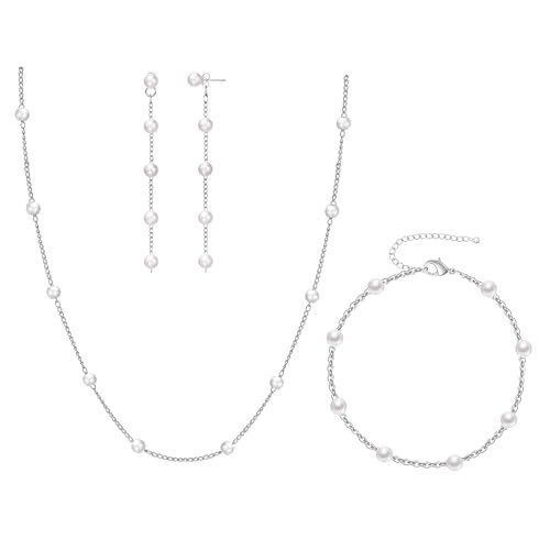 RMOYI Silver Jewelry Set for Women Dainty Silver Pearl Necklace and Earring Set Long Pearl Drop Earrings Pearls Bracelets Pearls Choker Necklace Wedding Jewelry for Women | Amazon (US)