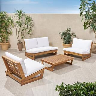 Noble House Sherwood Teak Brown 4-Piece Wood Patio Conversation Set with White Cushions 68981 - T... | The Home Depot