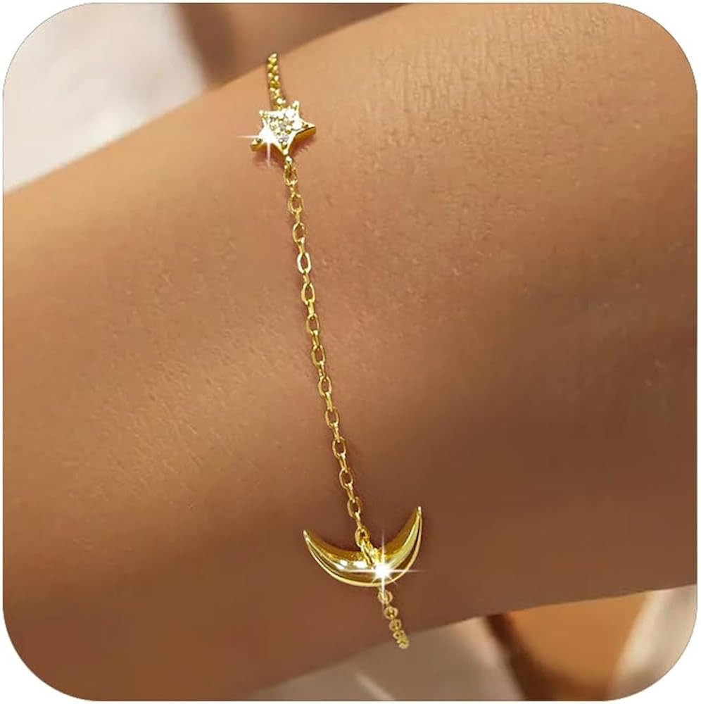 Love Heart Bracelet for Women 925 Sterling Silver Cute Star Moon Emerald Charm Chain Bracelet 14k... | Amazon (US)