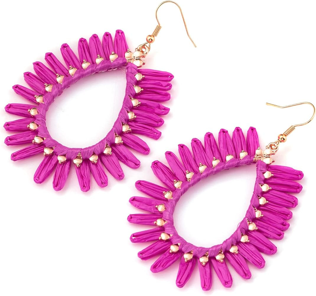 Boho Raffia Teardrop Earrings for Women - Handmake Statement Raffia Dangle Earrings, Summer Beach... | Amazon (US)