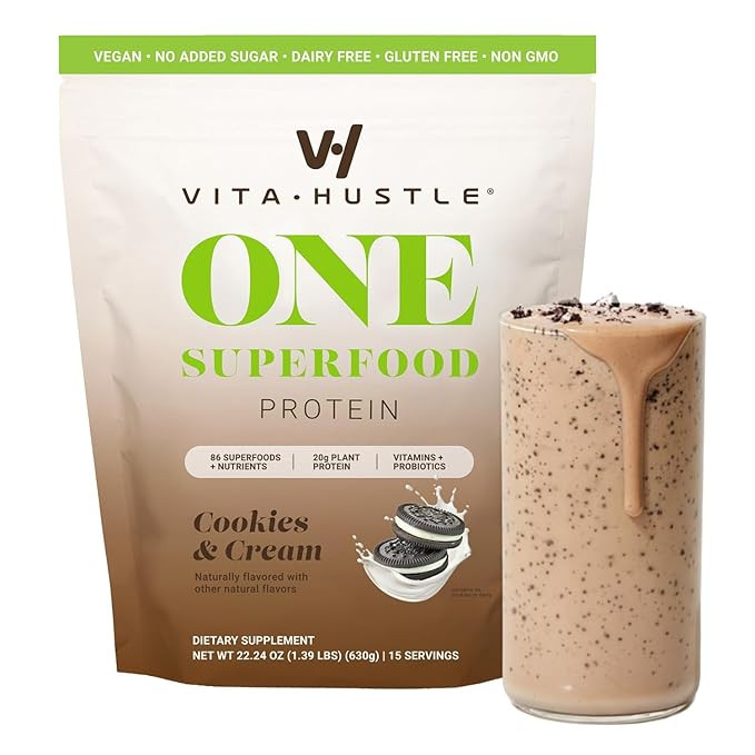 VitaHustle ONE Vegan Cookies & Cream Protein Powder - 20g Plant Protein Meal Replacement with 86+... | Amazon (US)
