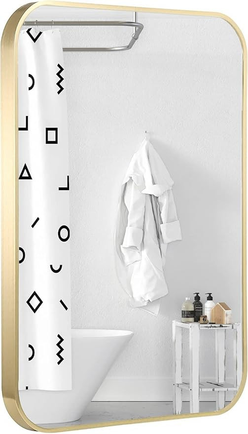 Gold Bathroom Mirror, 20x30 Inch Brushed Brass Gold Metal Framed Rectangular Mirror with Rounded ... | Amazon (US)