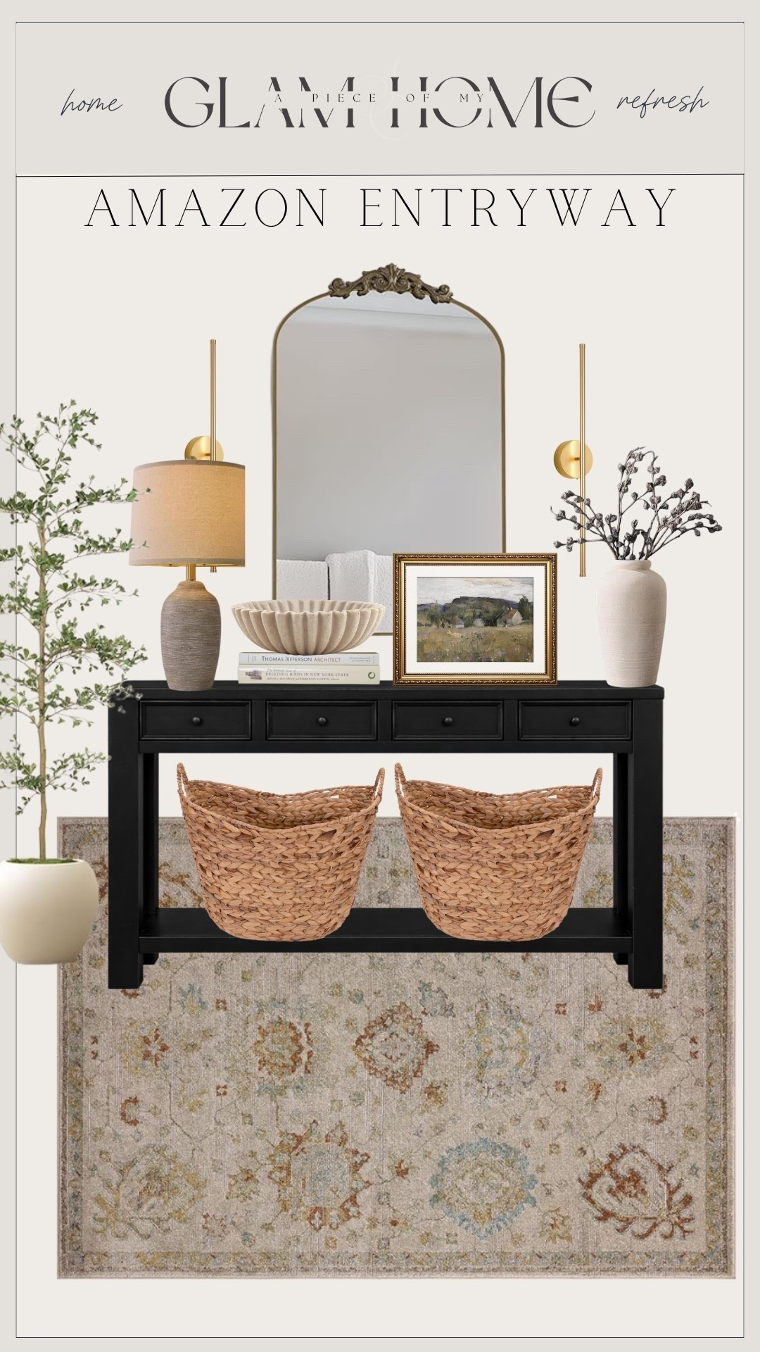 Amazon entryway refresh! Console table, baskets, lamps, art, vase, mirror, rug, faux tree, sconces, bowl 

#LTKU #LTKSeasonal #LTKHome