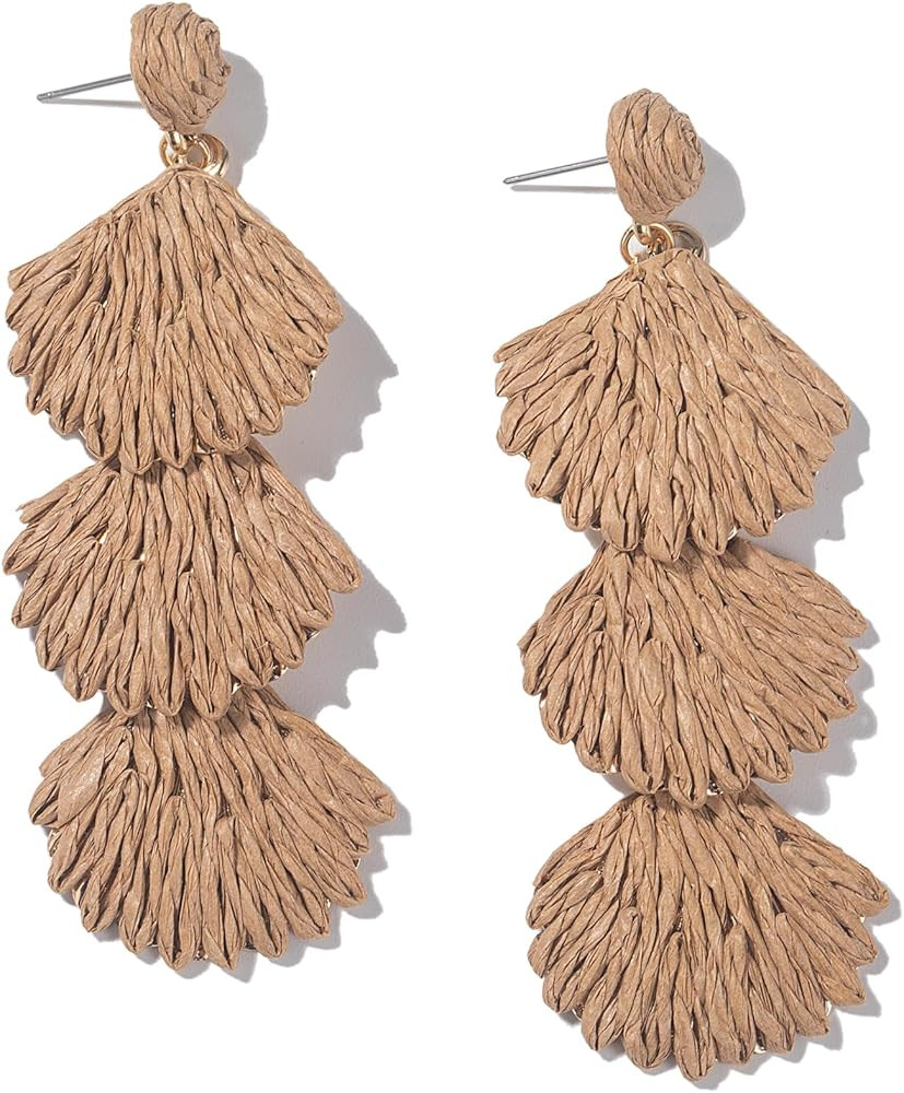 Boho Raffia Earrings Starfish Shell Seashell Dangle Drop Earrings Cute Statemnet Trendy Jewelry Summer Beach Outfits for Women | Amazon (US)