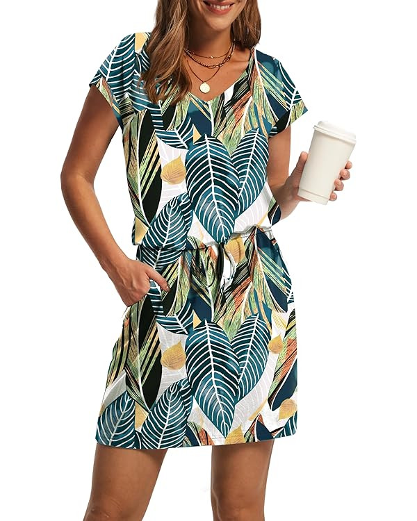 OFEEFAN Summer Dresses for Women 2026 V Neck T Shirt Casual Mini Dresses Tie Waist Sundresses wit... | Amazon (US)