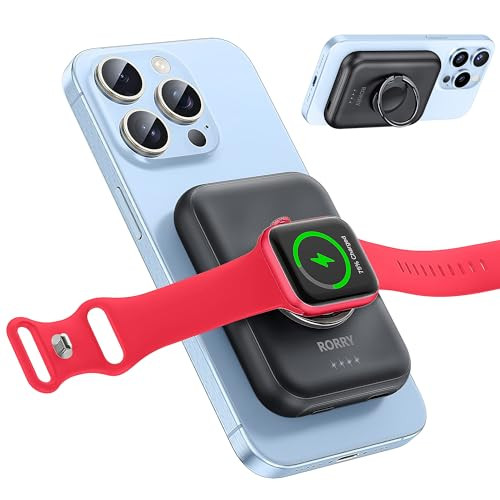 RORRY for Magsafe Portable Charger, [for iPhone & iWatch][Simultaneously Fast Charging] Wireless Power Bank, 5000mAh for Magnetic Portable Charger, for Magsafe Battery Pack with Finger Ring, Black | Amazon (US)