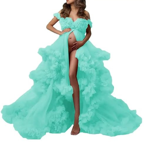 PRESEOSSA Mint Maternity Dress Tulle Robe Pregnancy Dresses for Photoshoot Puffy Ruffles Bridal Lingerie Bathgown Sheer Wedding Scarf for Baby Shower Mint L/XL | Amazon (US)