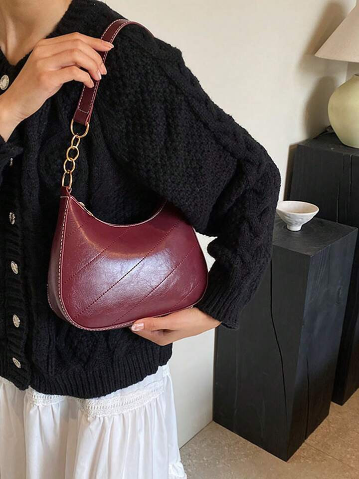Retro Embossed Solid Color Casual Vintage Chain Decorated Shoulder Bag For Women, Fashionable Bur... | SHEIN