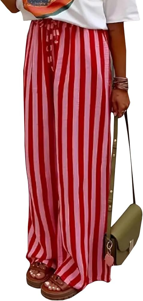 SOMTHRON Women's Summer Striped Pants Loose Straight Wide Leg Drawstring Elastic Waist Flowy Pala... | Amazon (US)