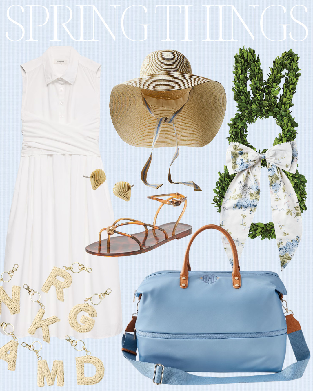 SPRING THINGS! Preserved boxwood bunny wreath, blue weekender bag, tortoise sandals, shell earrings, shell jewelry, bunny wreath, hydrangea wreath bow, white linen dress, spring style, spring hat, sun hat, spring decor, spring outfit, preppy style, classic style, classic home 

 #LTKootd #LTKSeasonal #LTKHome