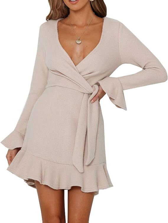 R.Vivimos Women's Winter Long Sleeve V Neck Ruffles Sweater Dresses Mini Dresses | Amazon (US)