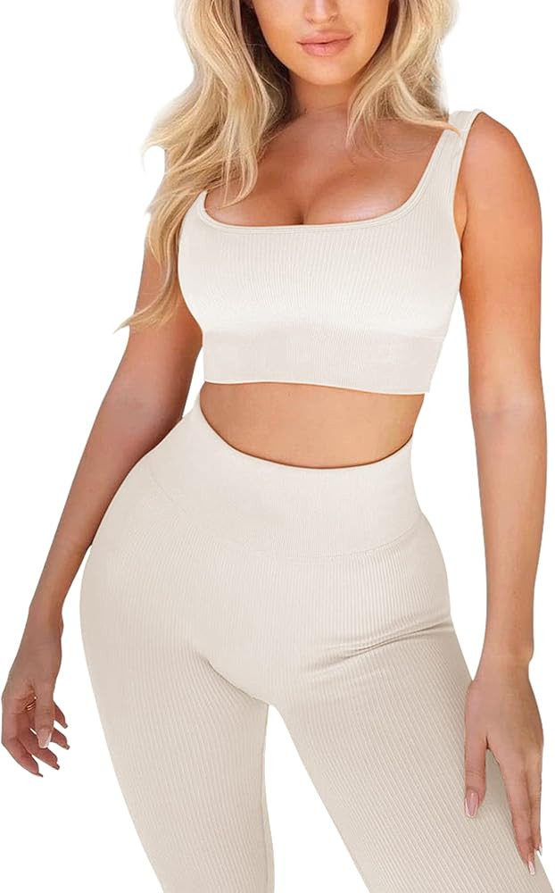 Women Workout Set Active 2 Pieces Outfit Seamless Yoga Leggings with Paded Stretch Sports Bra Top | Amazon (US)