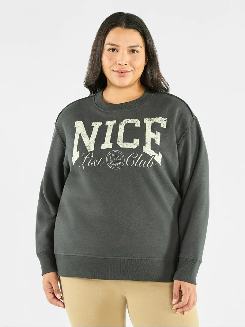 Terra & Sky Women's Plus Size Grey Nice List Club Graphic Sweatshirt with Long Sleeves, Sizes 0X-... | Walmart (US)