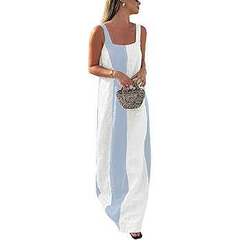 CHARTOU Women Summer Sleeveless Linen Dress Contrast Color Maxi Long Beach Vacation Tank Dress | Amazon (US)