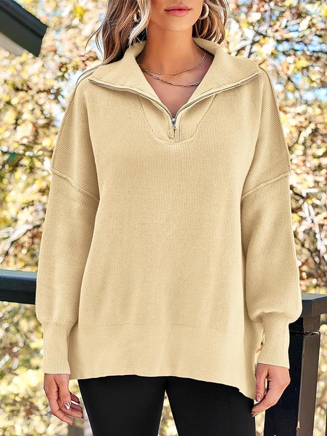 LILLUSORY Women's Sweaters 2023 Winter Zipper Collared Oversized Drop Shoulder Tunic Pullover Kni... | Amazon (US)