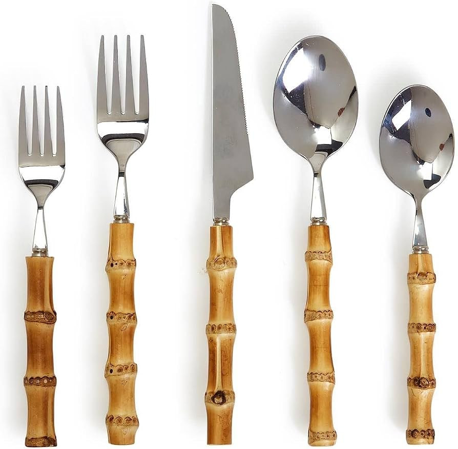 Two's Company Natural Bamboo 20 Pc Flatware Service Set for 4 in Storage Pouch | Amazon (US)